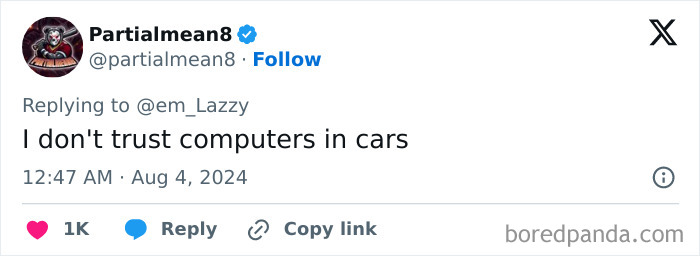 Tweet from user Partialmean8 expressing distrust of computers in cars, reflecting boomer complaints about car technology.