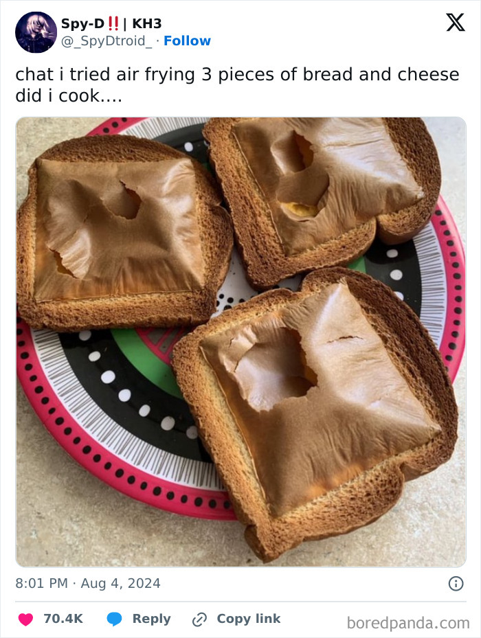 Three slices of burnt bread with melted cheese fail on a colorful plate, showing a cooking fail accident.