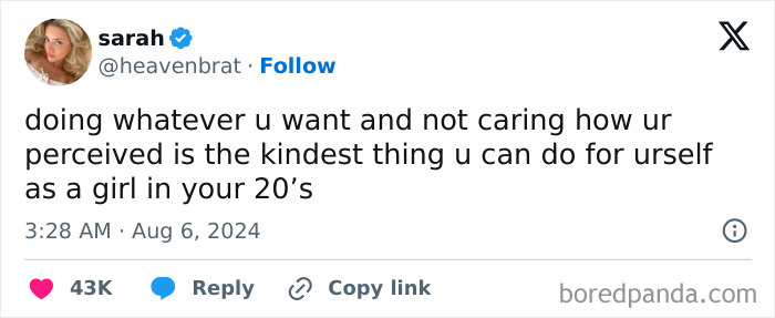 Social media post about women struggles, emphasizing self-care and confidence in your 20s shared on Twitter.