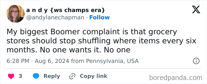 Screenshot of a tweet sharing a common boomer complaint about grocery stores frequently rearranging items.