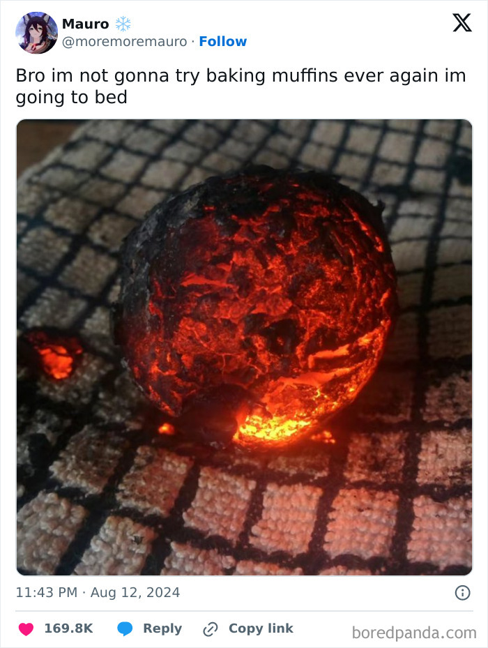 Burnt muffin glowing red on a checkered cloth, showing a humorous cooking fail from don’t drink and cook series.