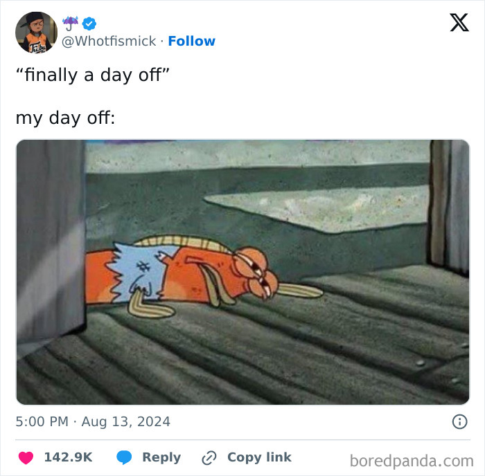 Relatable meme showing a tired cartoon fish lying down, capturing a day off vibe from spicy memes shared on IG.
