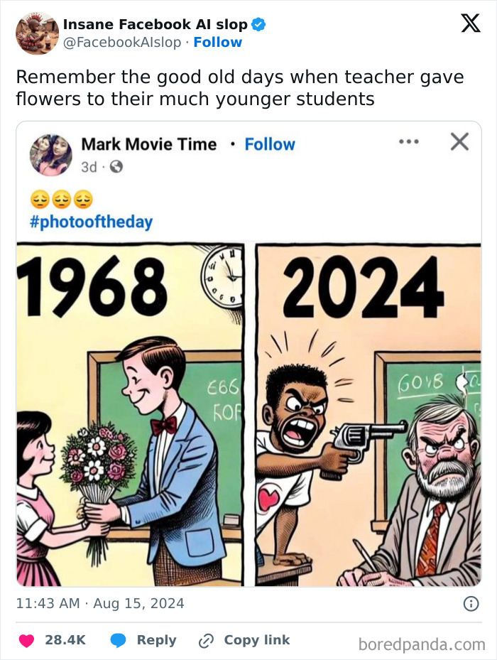 Cartoon showing nostalgic tolerance in 1968 with flowers versus extreme frustration in 2024 classroom scene.