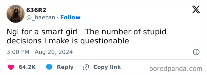 Tweet by user 636R2 humorously discussing making questionable decisions, relatable posts to make your day better.