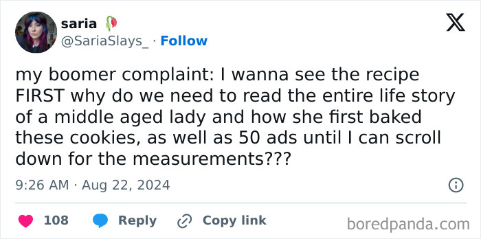 Tweet screenshot showing a boomer complaint about lengthy stories before recipes, highlighting young people’s boomer complaints.