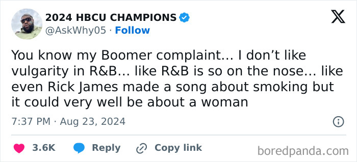 Tweet from a young person sharing a Boomer complaint about vulgarity in R&B music, reflecting generational differences.