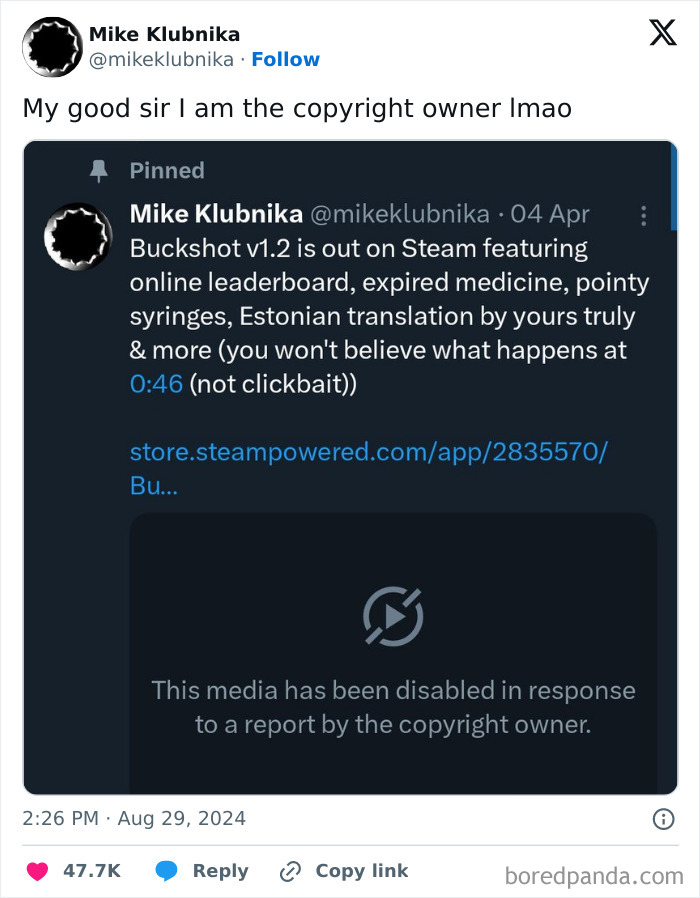 Tweet showing a copyright owner disabling media, one of the hilarious cases where people online didn’t know who they were speaking to.