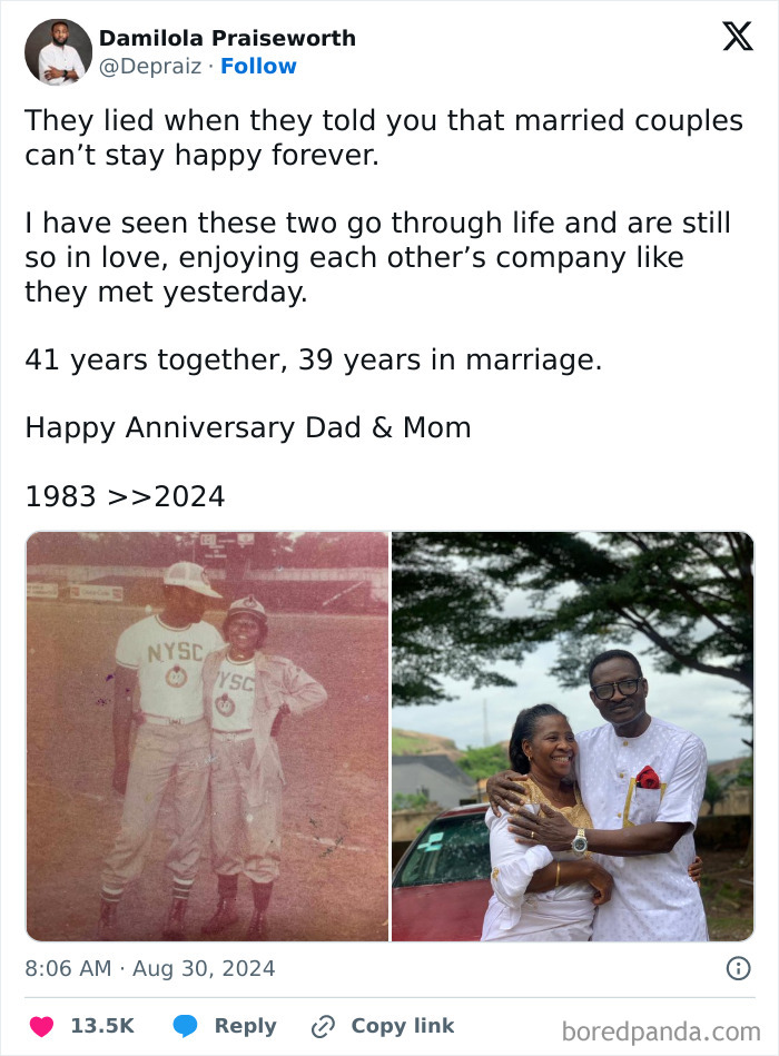 Side-by-side photos of a couple showing how time changed people but not their love for each other over decades.