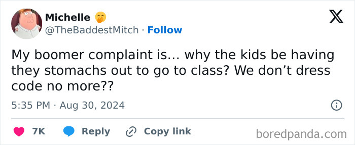 Tweet from Michelle sharing her boomer complaint about kids’ dress code and stomachs showing in class discussions.