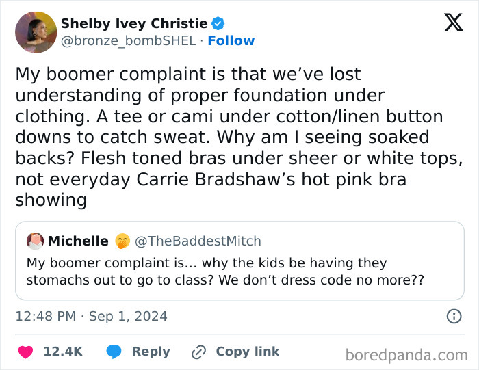 Screenshot of a social media post sharing a young person’s boomer complaint about lost understanding of clothing foundations.