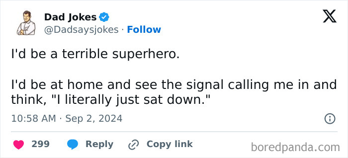 Tweet from Dad Jokes account sharing a relatable millennial meme about feeling like a terrible superhero at home.