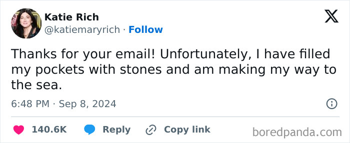 A humorous social media post about filling pockets with stones and heading to the sea, part of random posts to brighten your day.