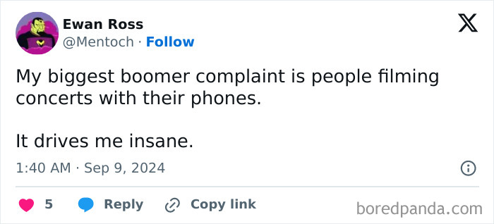 Screenshot of a tweet sharing a boomer complaint about people filming concerts with their phones.
