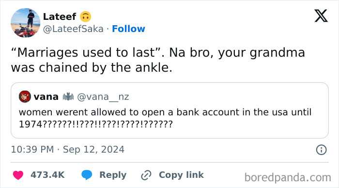 Screenshot of a totally random meme discussing women's rights and marriage humor for laughs.