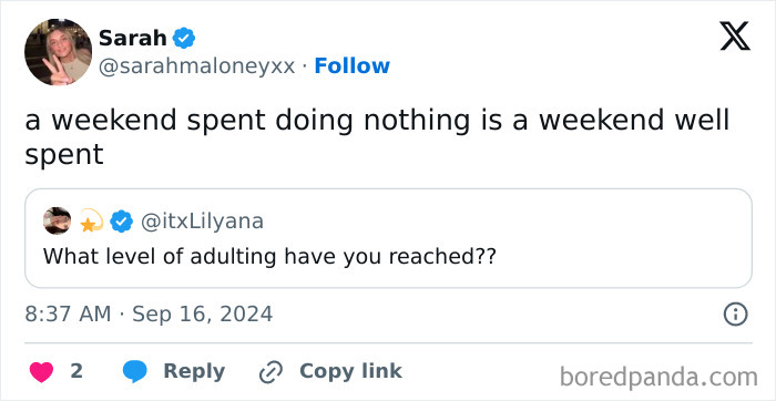 Tweet about enjoying a weekend of doing nothing, highlighting relatable women struggles with adulting and self-care.