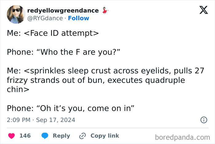 Tweet humorously describing the realities of parenting with tiredness and Face ID struggles in daily life.