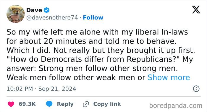 Screenshot of a tweet sharing an outrageous lie humorously involving political opinions and family conflict.