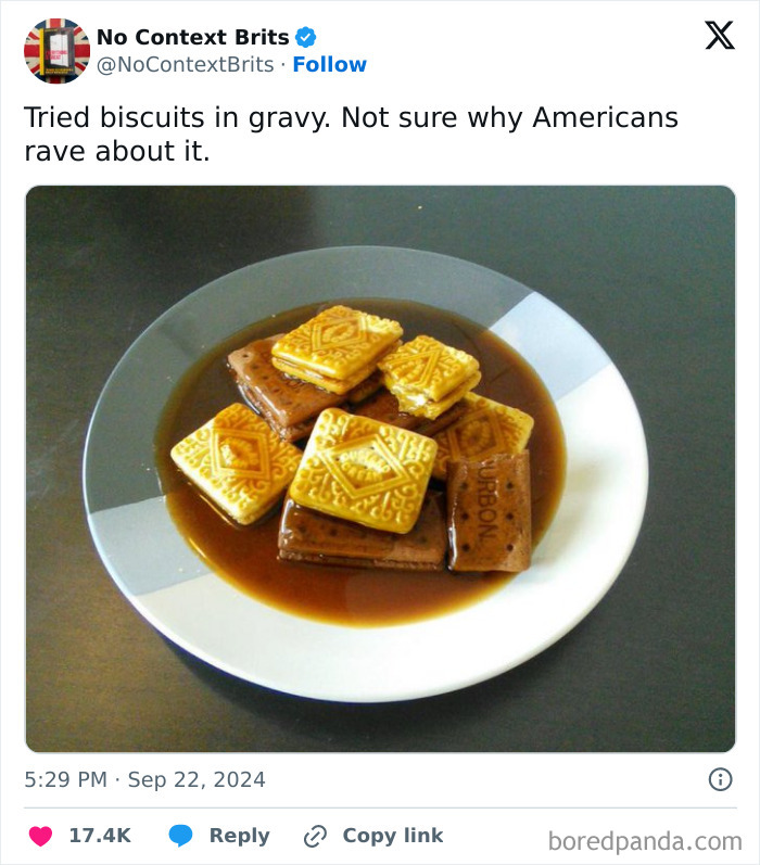 Plate of biscuits soaked in brown gravy, illustrating a funny cooking fail from drinking and cooking mistakes.