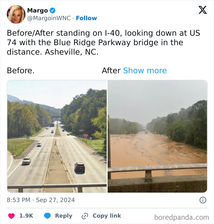 Before and after photos showing severe flooding transforming a highway near Blue Ridge Parkway bridge in Asheville, NC.