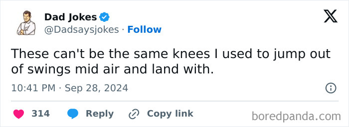 Screenshot of a hilarious relatable meme tweet about aging knees, perfect for sharing with friends in meme collections.