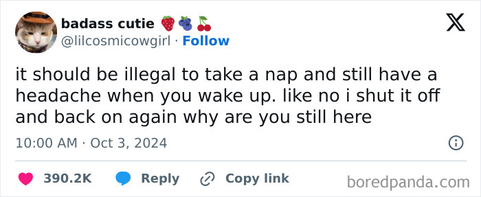 Tweet about the frustration of waking up from a nap with a headache, relatable shower feels humor.