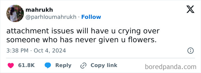 Tweet about attachment issues causing emotional pain, reflecting relatable memes about women struggles in relationships and feelings.