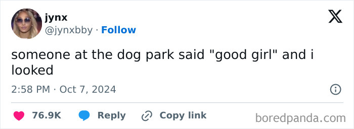 Screenshot of a social media post with relatable shower feels humor about someone saying good girl at a dog park.