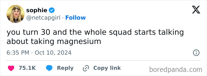 Tweet showing a sarcastic meme about turning 30 and friends discussing magnesium, featuring relatable humor.