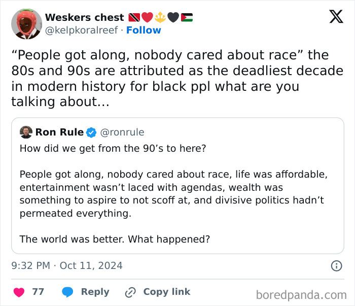 Screenshot of a Twitter debate on nostalgia and tolerance discussing race and social issues in the 80s and 90s.