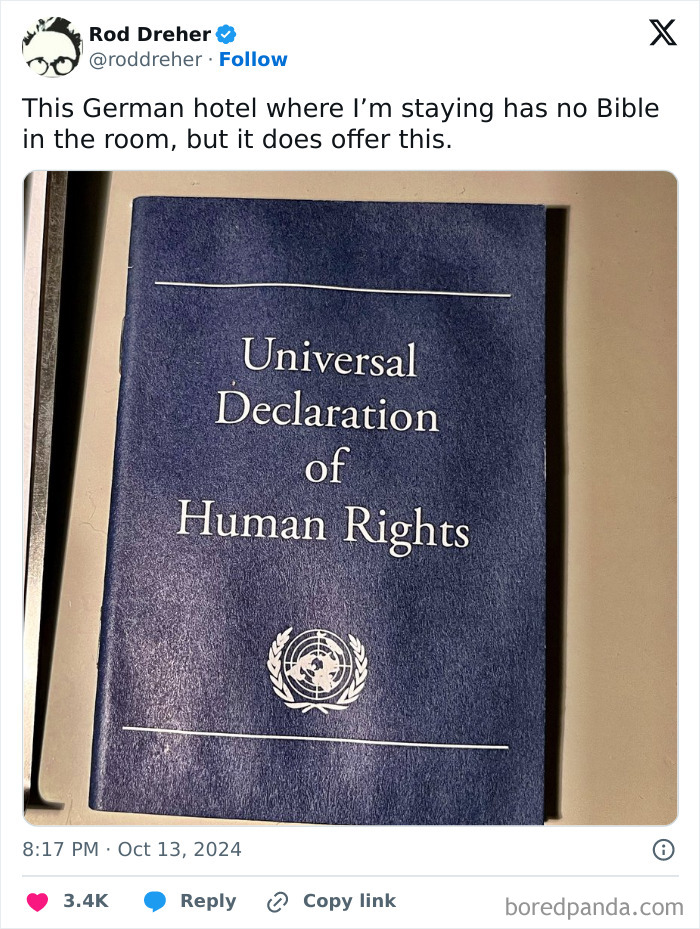 Creative hotel design decision showing a German hotel offering the Universal Declaration of Human Rights instead of a Bible.