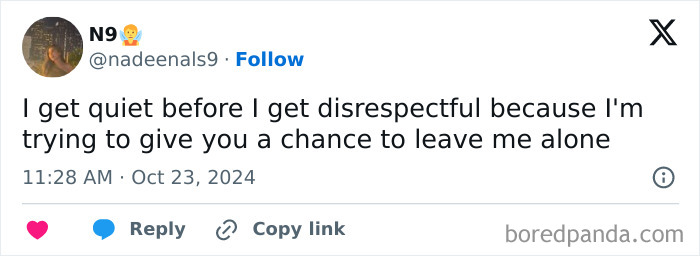 Screenshot of a sarcastic meme tweet about staying quiet before becoming disrespectful, showcasing relatable sarcasm humor.