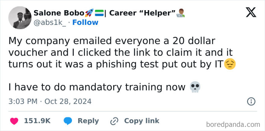 Funny Twitter post by a comedian about falling for a phishing test and having to do mandatory training afterward.