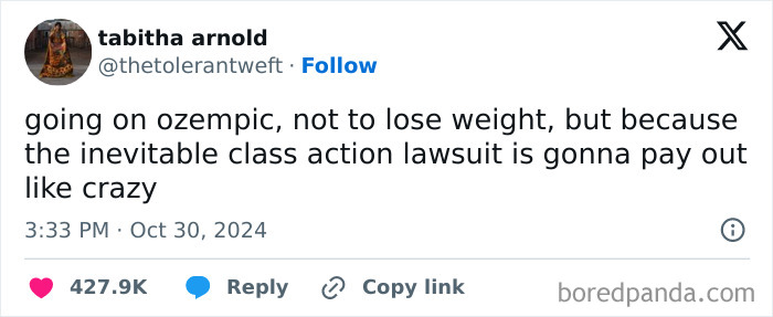 Tweet humor about Ozempic and class action lawsuit, featured in random posts to brighten your day with hilarious content.