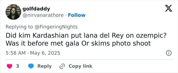 Social media post questioning if Ozempic use led to dramatic weight loss before Met Gala 2025 event.