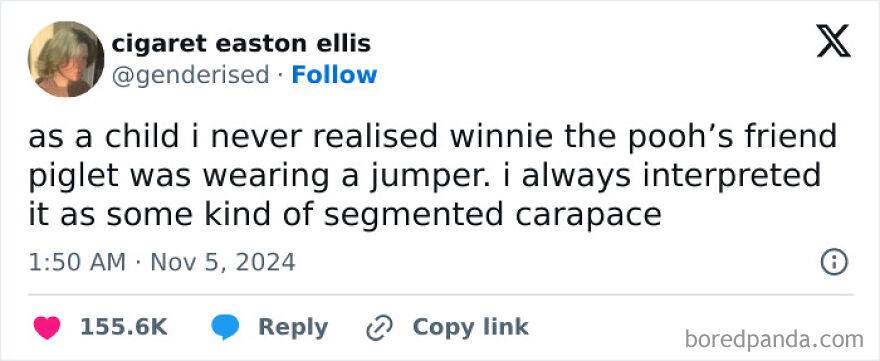 Twitter post from comedian sharing a funny childhood realization about Winnie the Pooh's friend Piglet wearing a jumper.