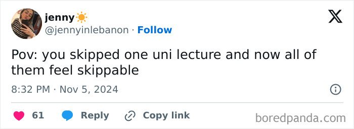 Tweet about skipping university lectures, showing a relatable student meme about feeling all classes skippable, student memes.