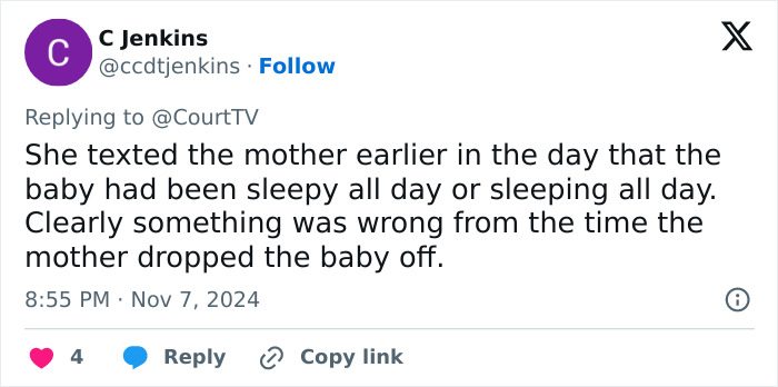 Tweet screenshot discussing concern about baby being sleepy all day before fatal Benadryl dose from babysitter case.