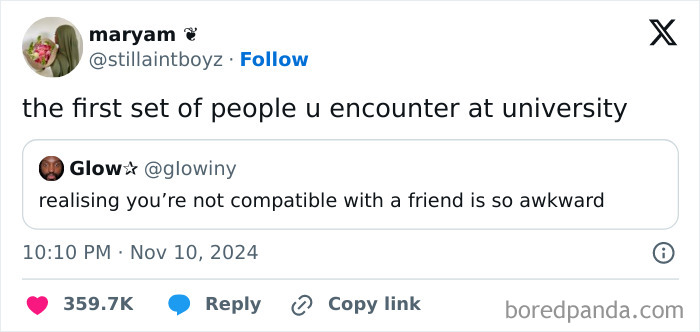Screenshot of a relatable student meme about awkward friendships encountered at university.