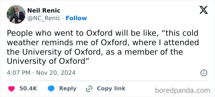 Tweet humor about Oxford students repeatedly mentioning their university, highlighting relatable student memes and experiences.