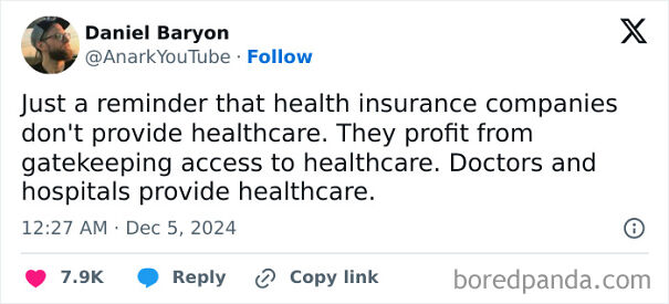 Tweet by Daniel Baryon highlighting how health insurance profits from limiting healthcare access, reflecting passion against capitalism.