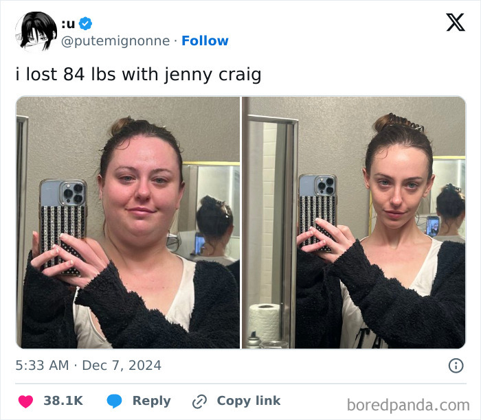 Weight loss before and after pics showing dramatic 84 lbs transformation with Jenny Craig in mirror selfies.