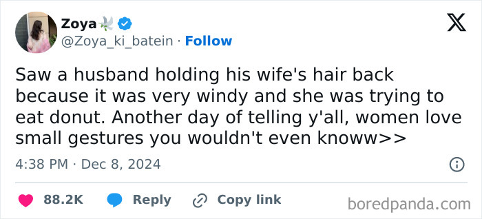 Tweet about a husband helping his wife in windy weather, reflecting relatable women struggles shared in viral memes.