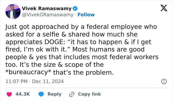 Tweet by Vivek Ramaswamy about a federal employee supporting DOGE, illustrating outrageous lies people tried to pass off as real.