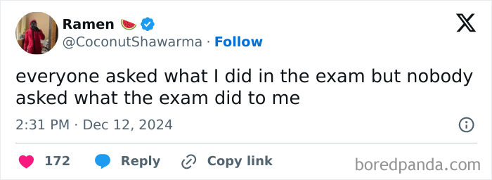 Tweet about exams expressing how students feel affected by them, reflecting relatable student memes and feelings.