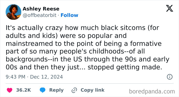 Tweet highlighting changes in TV sitcoms over the years, reflecting on cultural shifts shared by people online.