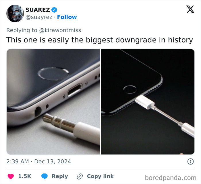 Tweet showing a comparison of old and new phone charging ports, highlighting a random Gen Z memes tech downgrade.