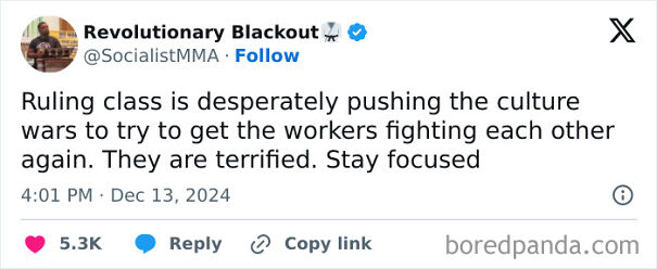 Tweet from Revolutionary Blackout discussing ruling class pushing culture wars to divide workers, highlighting anti-capitalism sentiment.