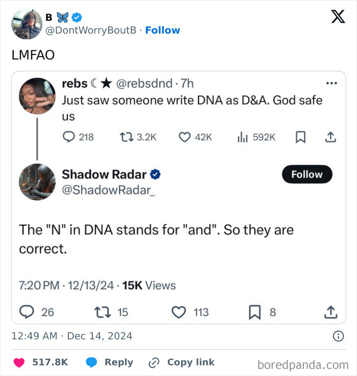 Screenshot of a humorous social media exchange showing a misconception about DNA and a funny reply, highlighting brain fails.