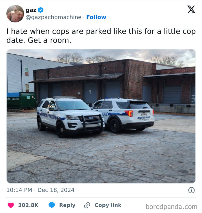 Two police SUVs parked closely in a funny and relatable meme from an Instagram account featuring silly content.