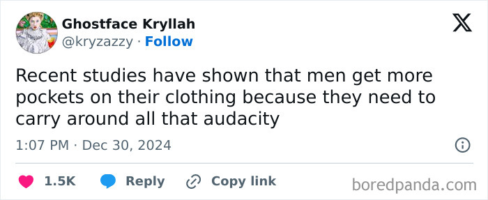 Tweet by Ghostface Kryllah humorously discussing men’s clothing pockets and audacity, a relatable post to make your day better.